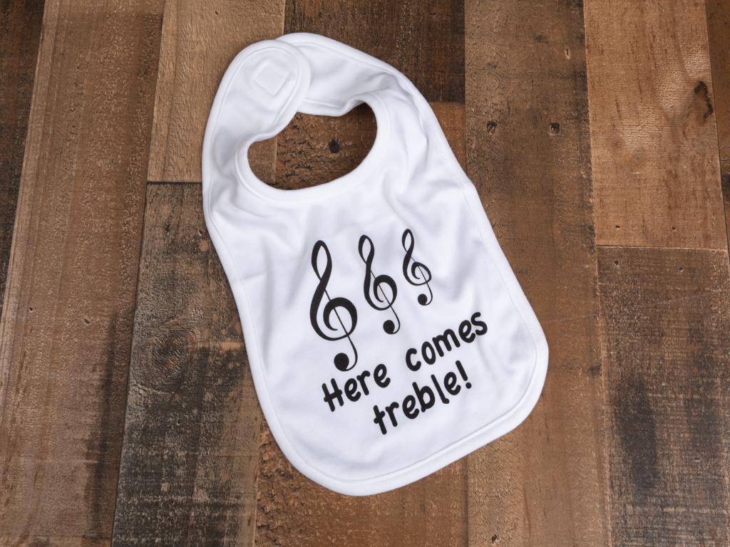 You’ll have no “Treble” at all with this baby-soft 100% cotton baby bib with Velcro closure